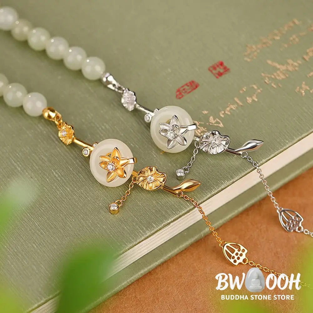 Buddha Stones 925 Sterling Silver Hetian Jade Peace Buckle Lotus Luck Chain Bracelet - BWOOOH - Bracelet