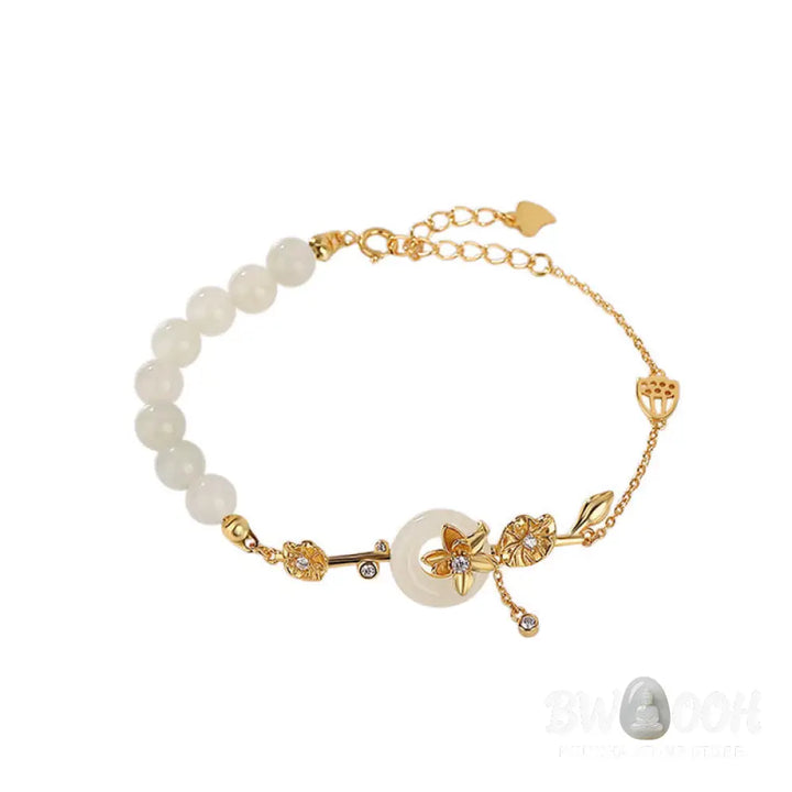 Buddha Stones 925 Sterling Silver Hetian Jade Peace Buckle Lotus Luck Chain Bracelet - BWOOOH - Bracelet