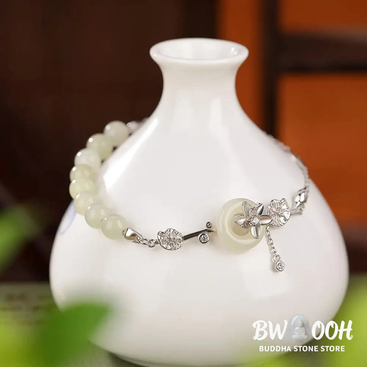 Buddha Stones 925 Sterling Silver Hetian Jade Peace Buckle Lotus Luck Chain Bracelet - BWOOOH - Bracelet