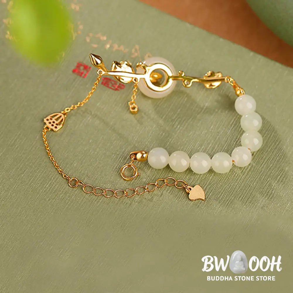 Buddha Stones 925 Sterling Silver Hetian Jade Peace Buckle Lotus Luck Chain Bracelet - BWOOOH - Bracelet