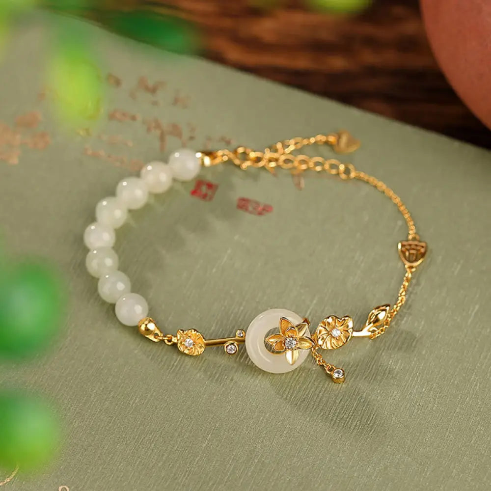 BWOOOH 925 Sterling Silver Hetian Jade Peace Buckle Lotus Luck Chain Bracelet - BWOOOH - 925 Sterling Silver