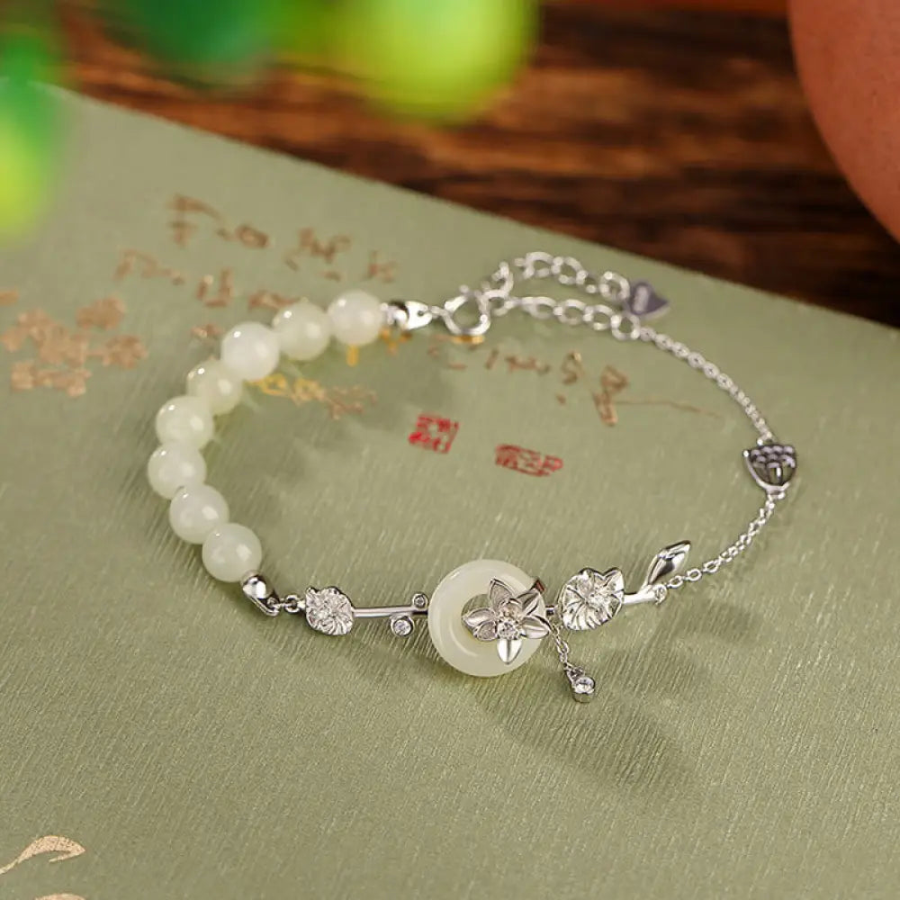 Buddha Stones 925 Sterling Silver Hetian Jade Peace Buckle Lotus Luck Chain Bracelet - BWOOOH - 925 Sterling