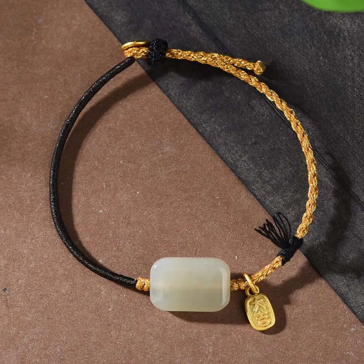 Buddha Stones 925 Sterling Silver Hetian Jade Prosperity Bracelet - Hetian Jade &amp; Black String(Wrist Circumference: