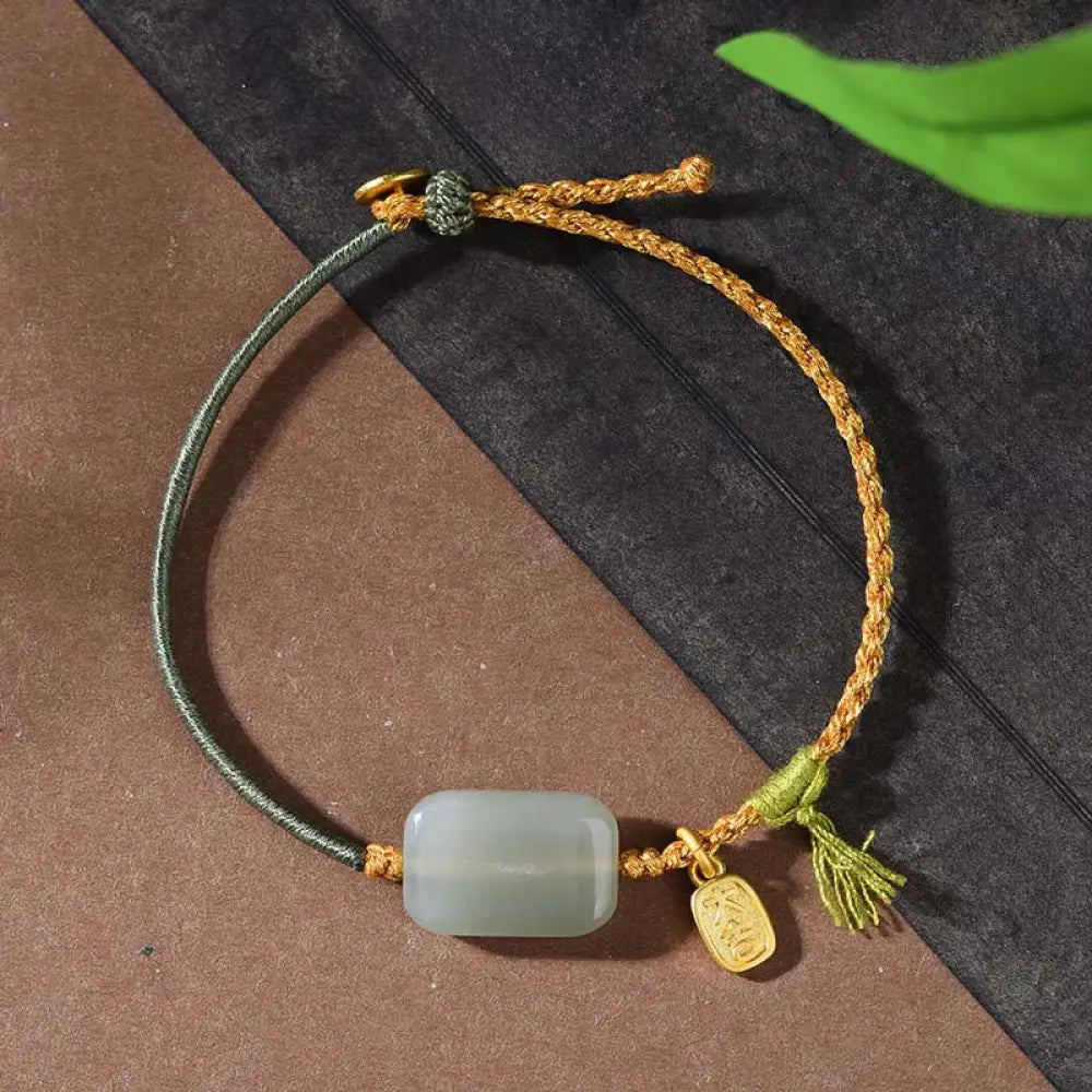 Buddha Stones 925 Sterling Silver Hetian Jade Prosperity Bracelet - Hetian Jade &amp; Dark Green String(Wrist