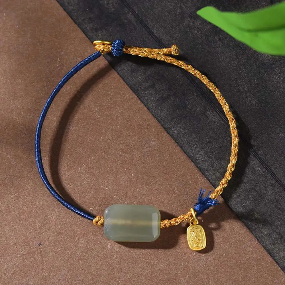 Buddha Stones 925 Sterling Silver Hetian Jade Prosperity Bracelet - Hetian Jade &amp; Navy Blue String(Wrist Circumference: