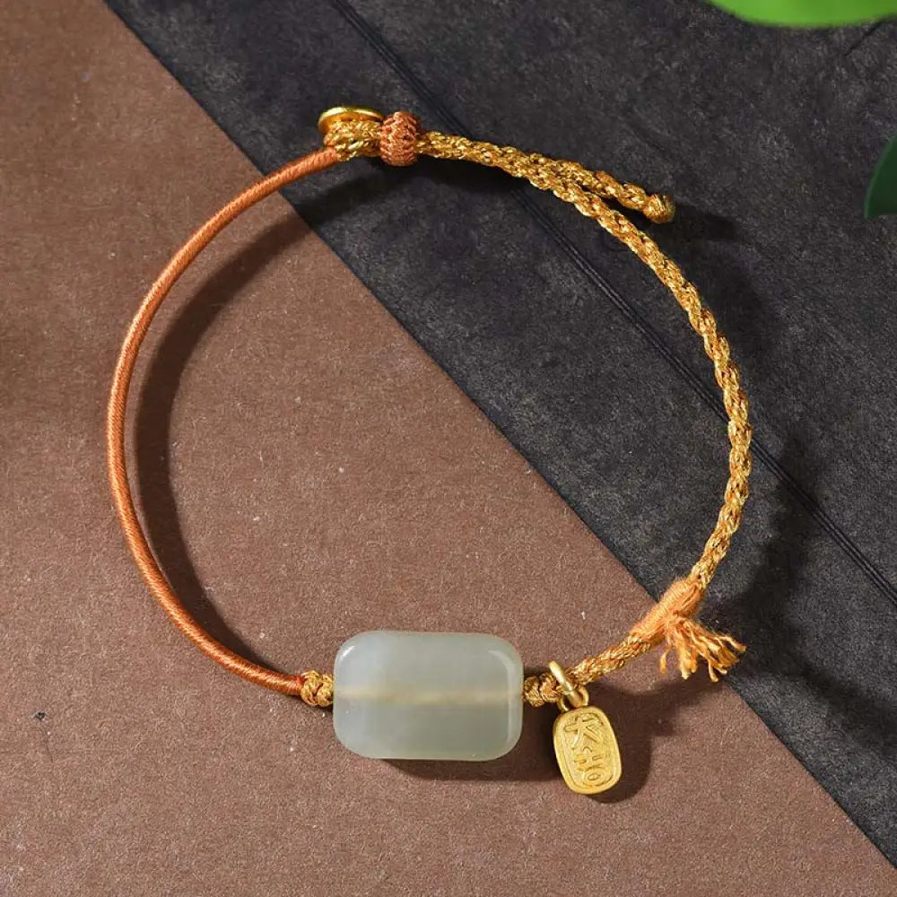 Buddha Stones 925 Sterling Silver Hetian Jade Prosperity Bracelet - Hetian Jade &amp; Yellow String(Wrist Circumference: