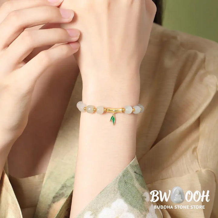 Buddha Stones 925 Sterling Silver Hetian White Jade Bamboo Luck Bracelet - BWOOOH - Hetian White