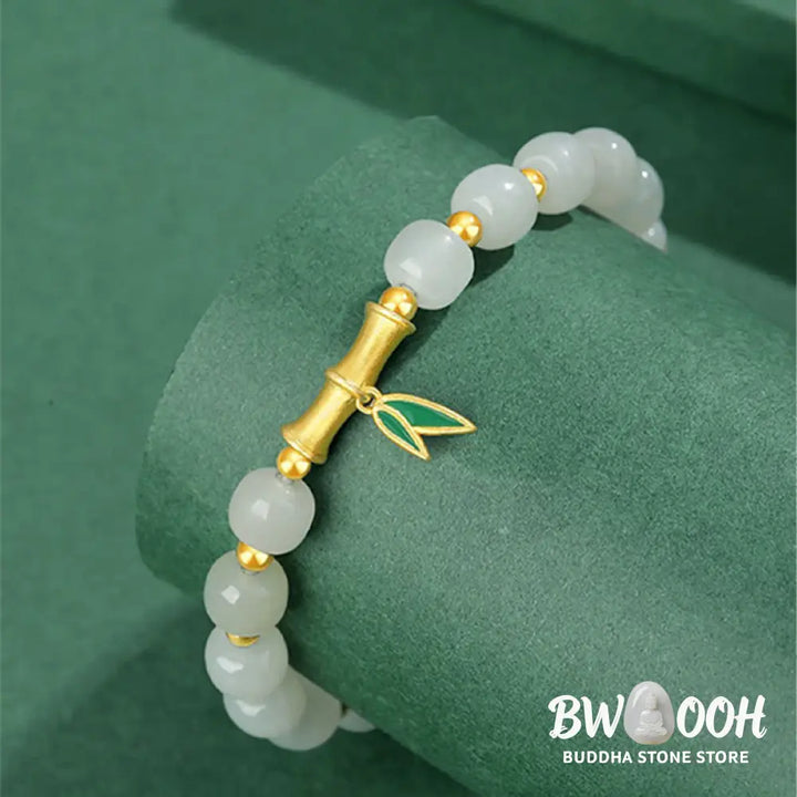 Buddha Stones 925 Sterling Silver Hetian White Jade Bamboo Luck Bracelet - BWOOOH - Hetian White