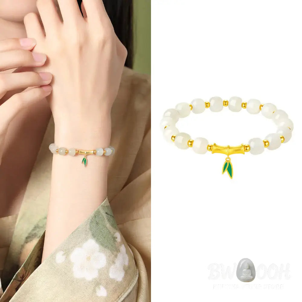 Buddha Stones 925 Sterling Silver Hetian White Jade Bamboo Luck Bracelet - BWOOOH - Hetian White