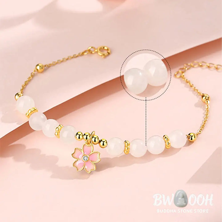 Buddha Stones 925 Sterling Silver Hetian White Jade Cherry Blossom Protection Bracelet - BWOOOH - White