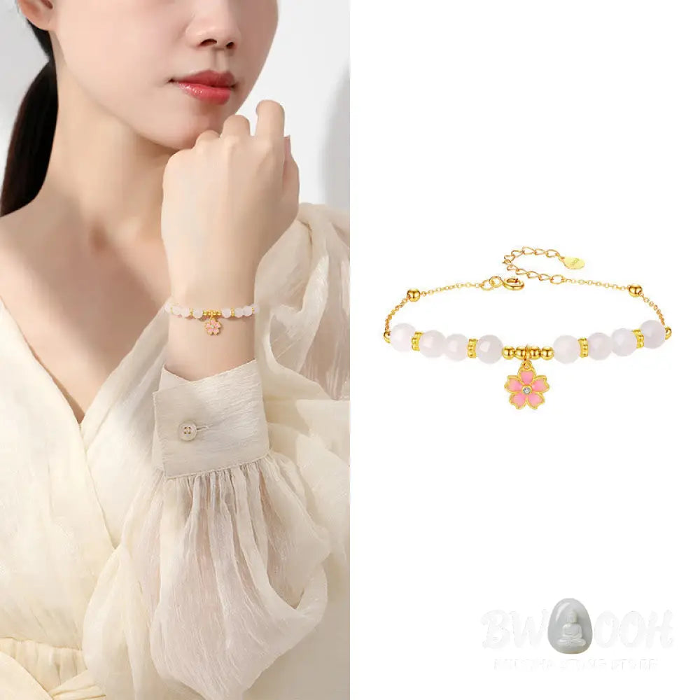 Buddha Stones 925 Sterling Silver Hetian White Jade Cherry Blossom Protection Bracelet - BWOOOH - White