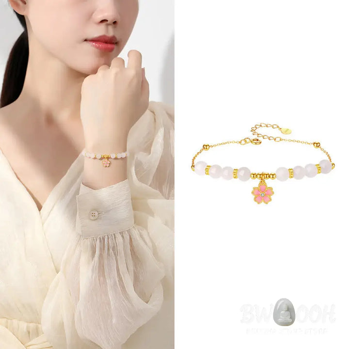 Buddha Stones 925 Sterling Silver Hetian White Jade Cherry Blossom Protection Bracelet - BWOOOH - White
