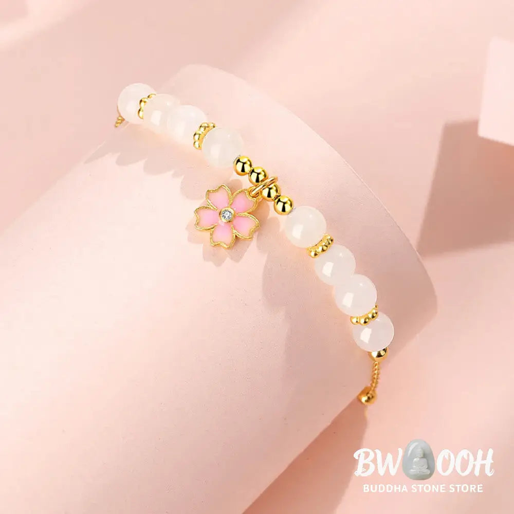 Buddha Stones 925 Sterling Silver Hetian White Jade Cherry Blossom Protection Bracelet - BWOOOH - White