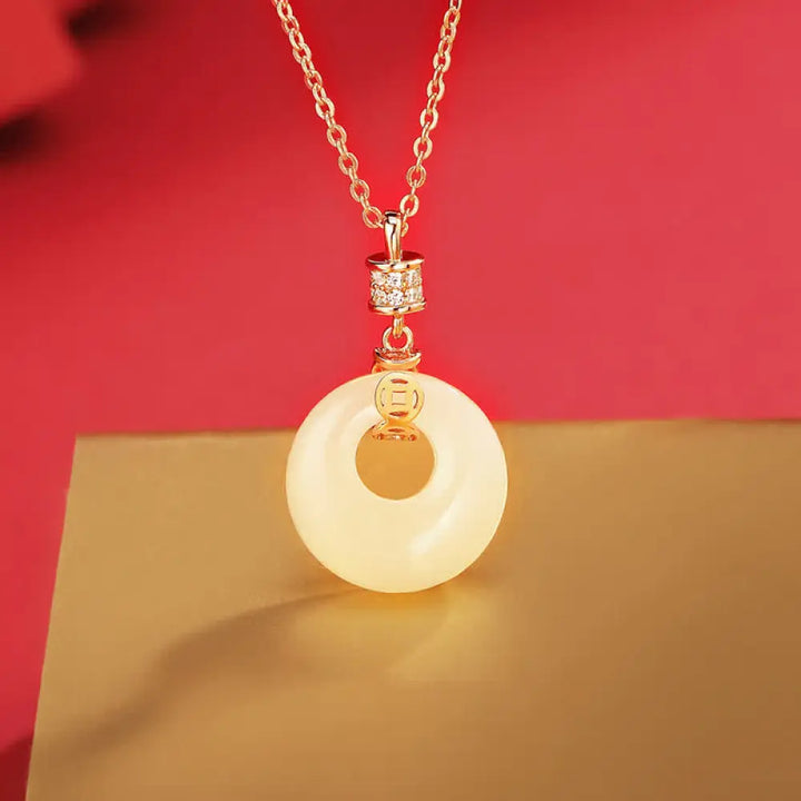 BWOOOH 925 sterling silver Hetian white jade coin flower peace buckle luck necklace pendant