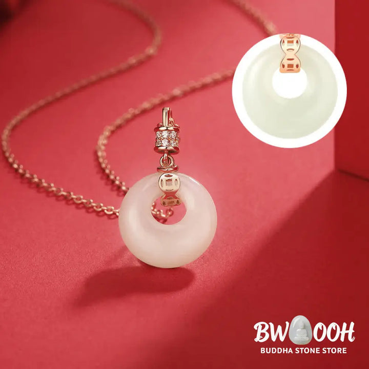 Buddha Stones 925 Sterling Silver Hetian White Jade Coin Flower Peace Buckle Luck Necklace Pendant - BWOOOH - Necklaces