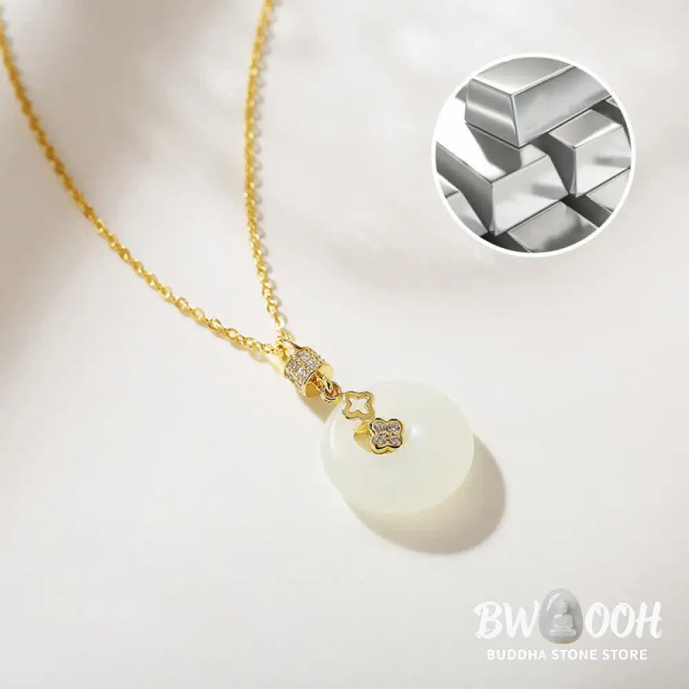 Buddha Stones 925 Sterling Silver Hetian White Jade Coin Flower Peace Buckle Luck Necklace Pendant - BWOOOH - Necklaces