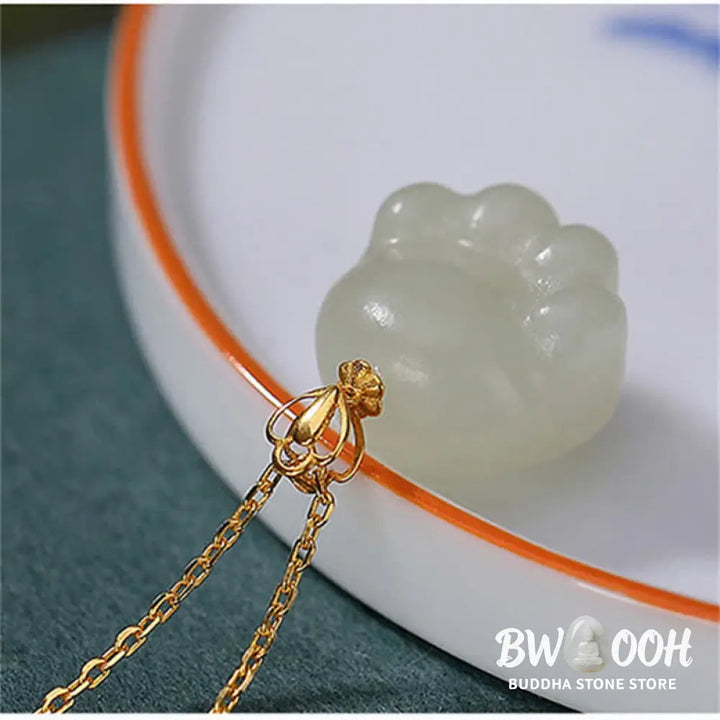 Buddha Stones 925 Sterling Silver Hetian White Jade Cute Cat Paw Luck Necklace Pendant - BWOOOH - Hetian White
