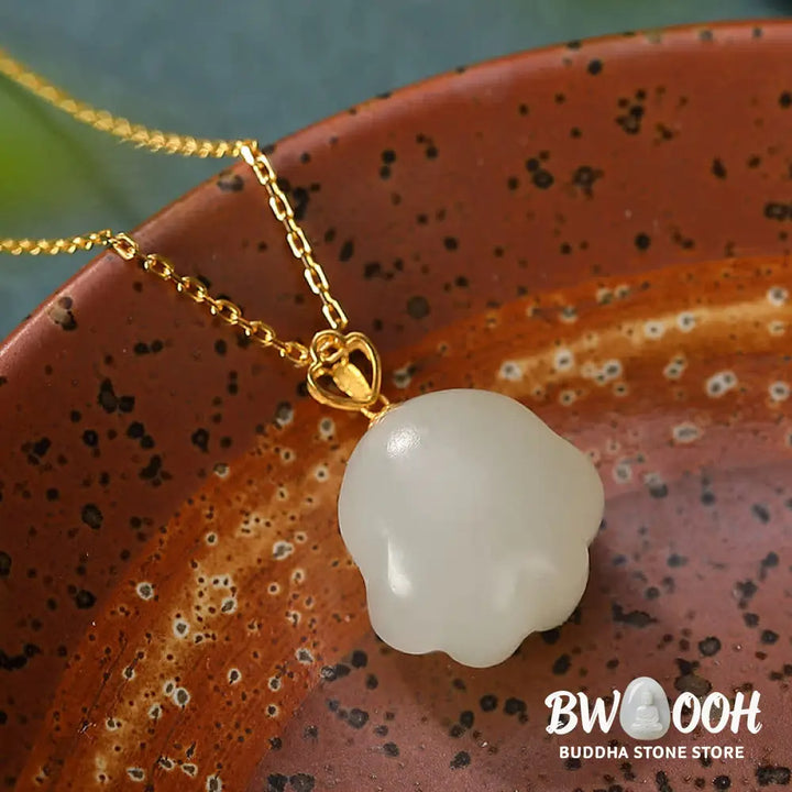 Buddha Stones 925 Sterling Silver Hetian White Jade Cute Cat Paw Luck Necklace Pendant - BWOOOH - Hetian White