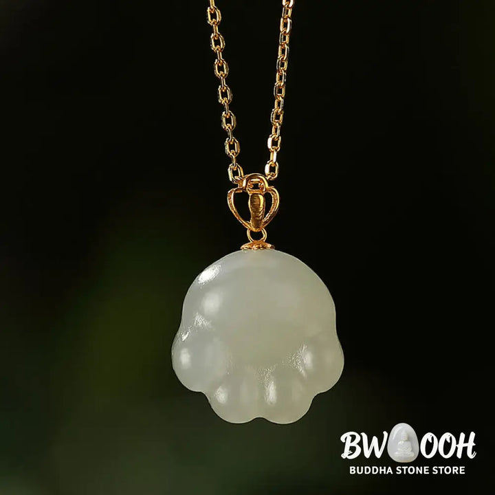 Buddha Stones 925 Sterling Silver Hetian White Jade Cute Cat Paw Luck Necklace Pendant - BWOOOH - Hetian White