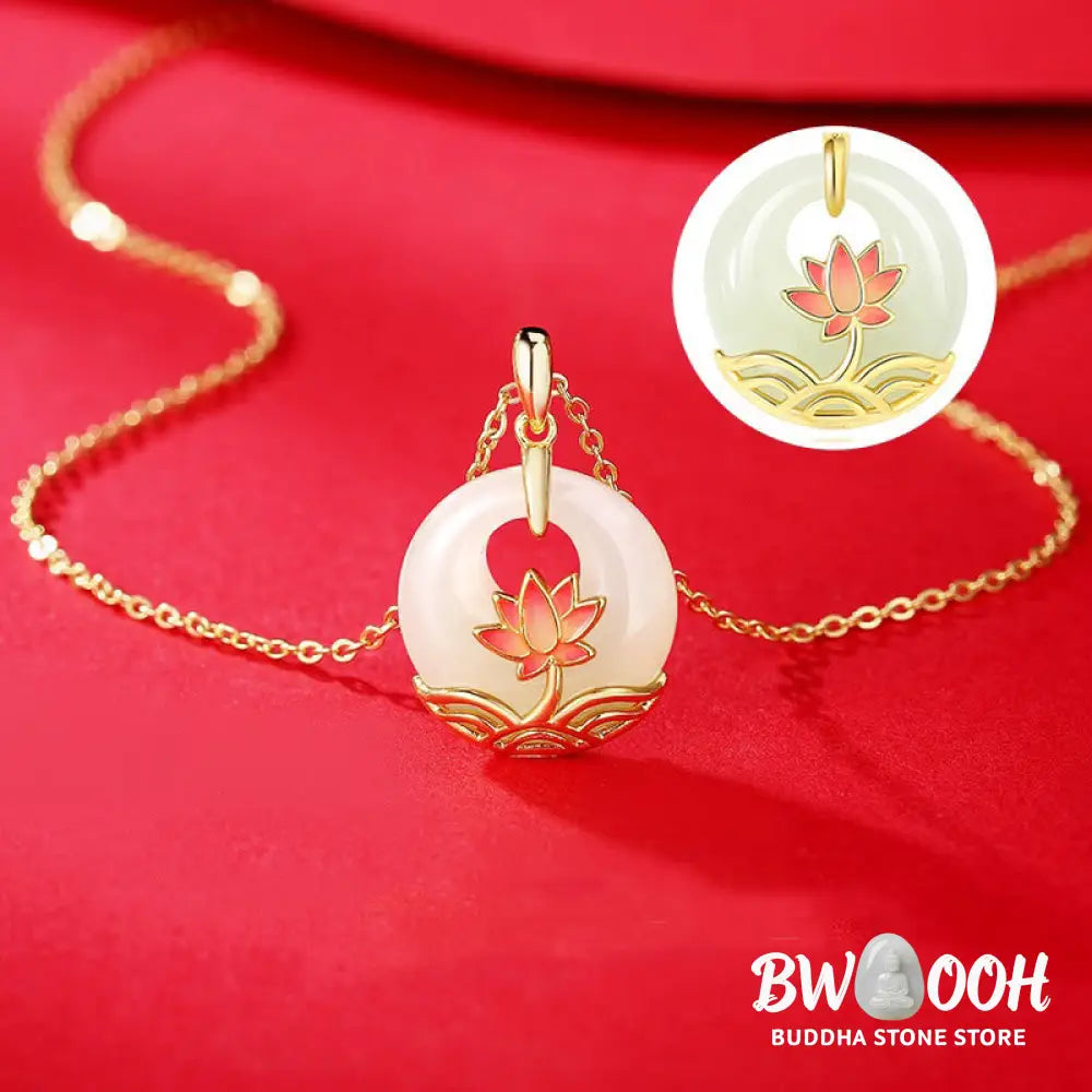 Buddha Stones 925 Sterling Silver Hetian White Jade Lotus Flower Blessing Necklace Pendant - BWOOOH - Hetian White