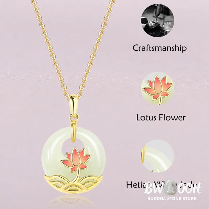 Buddha Stones 925 Sterling Silver Hetian White Jade Lotus Flower Blessing Necklace Pendant - BWOOOH - Hetian White