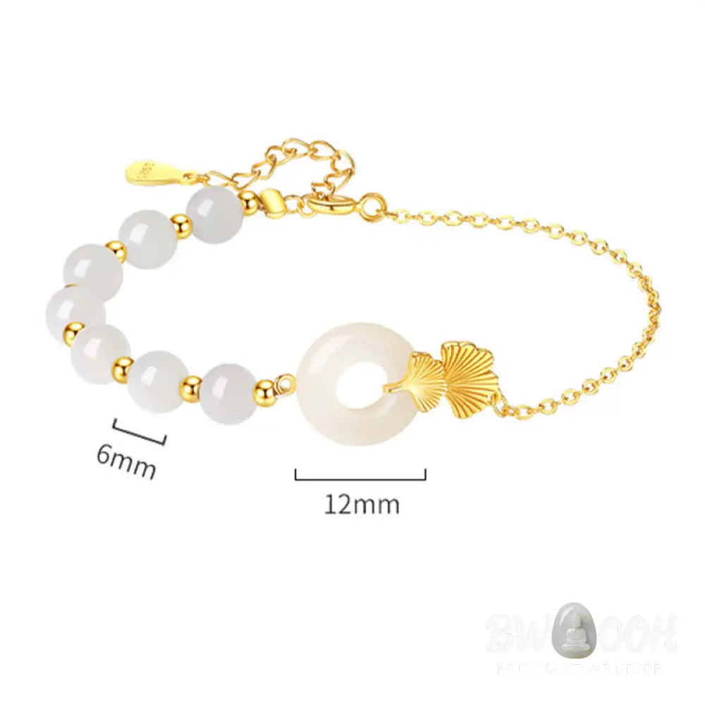 Buddha Stones 925 Sterling Silver Hetian White Jade Peace Buckle Ginkgo Leaf Luck Bracelet - BWOOOH - Hetian White