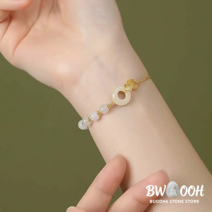 Buddha Stones 925 Sterling Silver Hetian White Jade Peace Buckle Ginkgo Leaf Luck Bracelet - BWOOOH - Hetian White