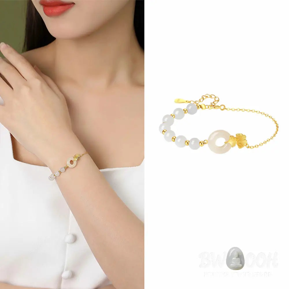 Buddha Stones 925 Sterling Silver Hetian White Jade Peace Buckle Ginkgo Leaf Luck Bracelet - BWOOOH - Hetian White