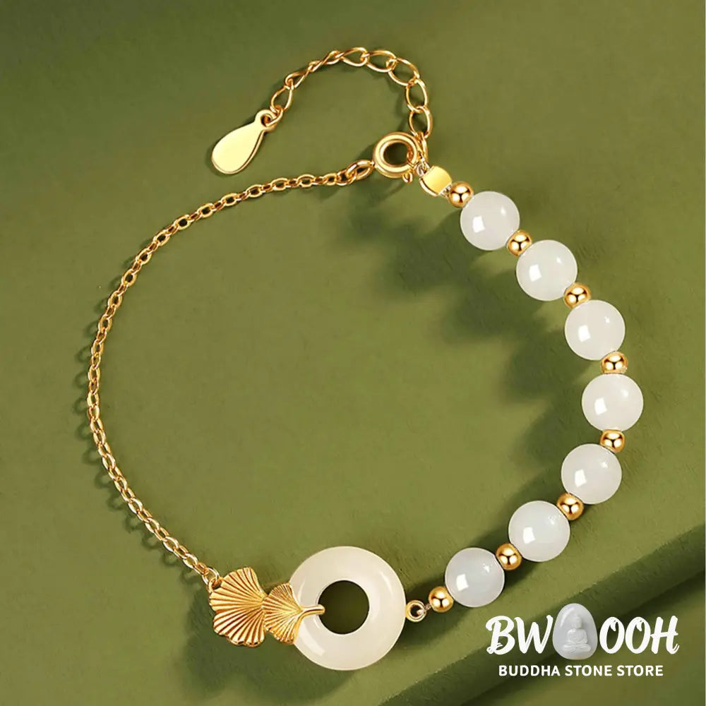 Buddha Stones 925 Sterling Silver Hetian White Jade Peace Buckle Ginkgo Leaf Luck Bracelet - BWOOOH - Hetian White
