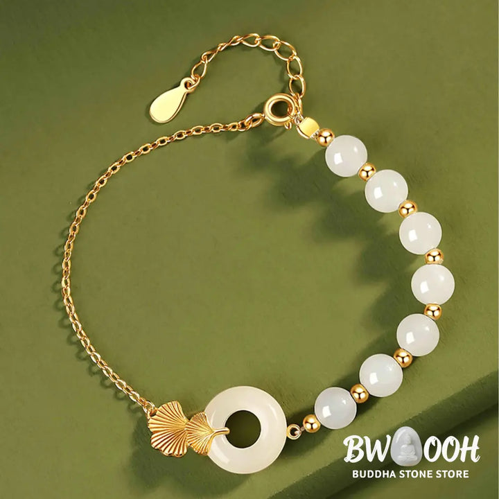 Buddha Stones 925 Sterling Silver Hetian White Jade Peace Buckle Ginkgo Leaf Luck Bracelet - BWOOOH - Hetian White