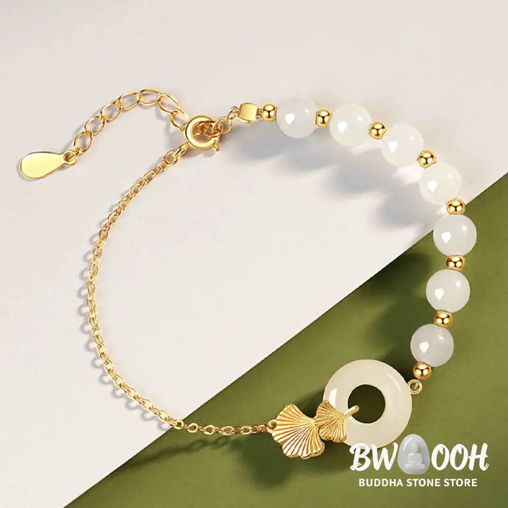 Buddha Stones 925 Sterling Silver Hetian White Jade Peace Buckle Ginkgo Leaf Luck Bracelet - BWOOOH - Hetian White