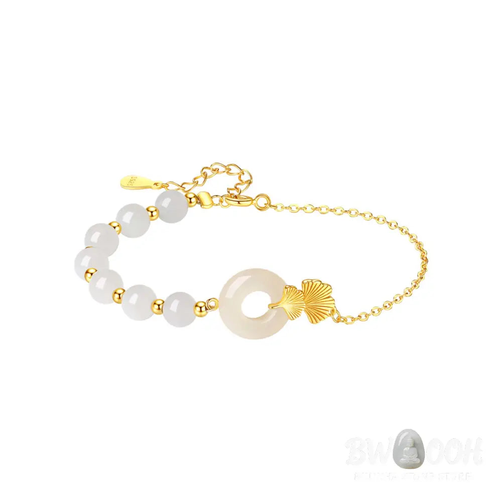Buddha Stones 925 Sterling Silver Hetian White Jade Peace Buckle Ginkgo Leaf Luck Bracelet - BWOOOH - Hetian White