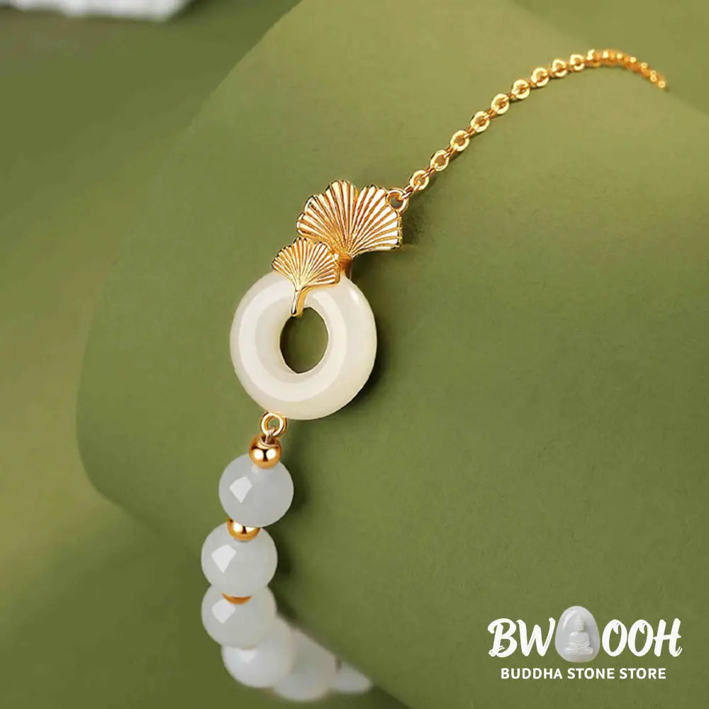 Buddha Stones 925 Sterling Silver Hetian White Jade Peace Buckle Ginkgo Leaf Luck Bracelet - BWOOOH - Hetian White