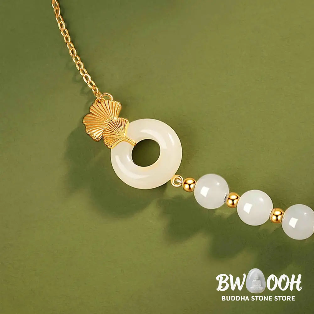 Buddha Stones 925 Sterling Silver Hetian White Jade Peace Buckle Ginkgo Leaf Luck Bracelet - BWOOOH - Hetian White
