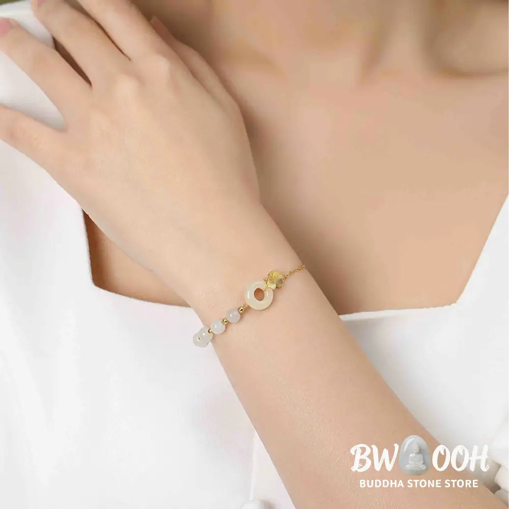 Buddha Stones 925 Sterling Silver Hetian White Jade Peace Buckle Ginkgo Leaf Luck Bracelet - BWOOOH - Hetian White