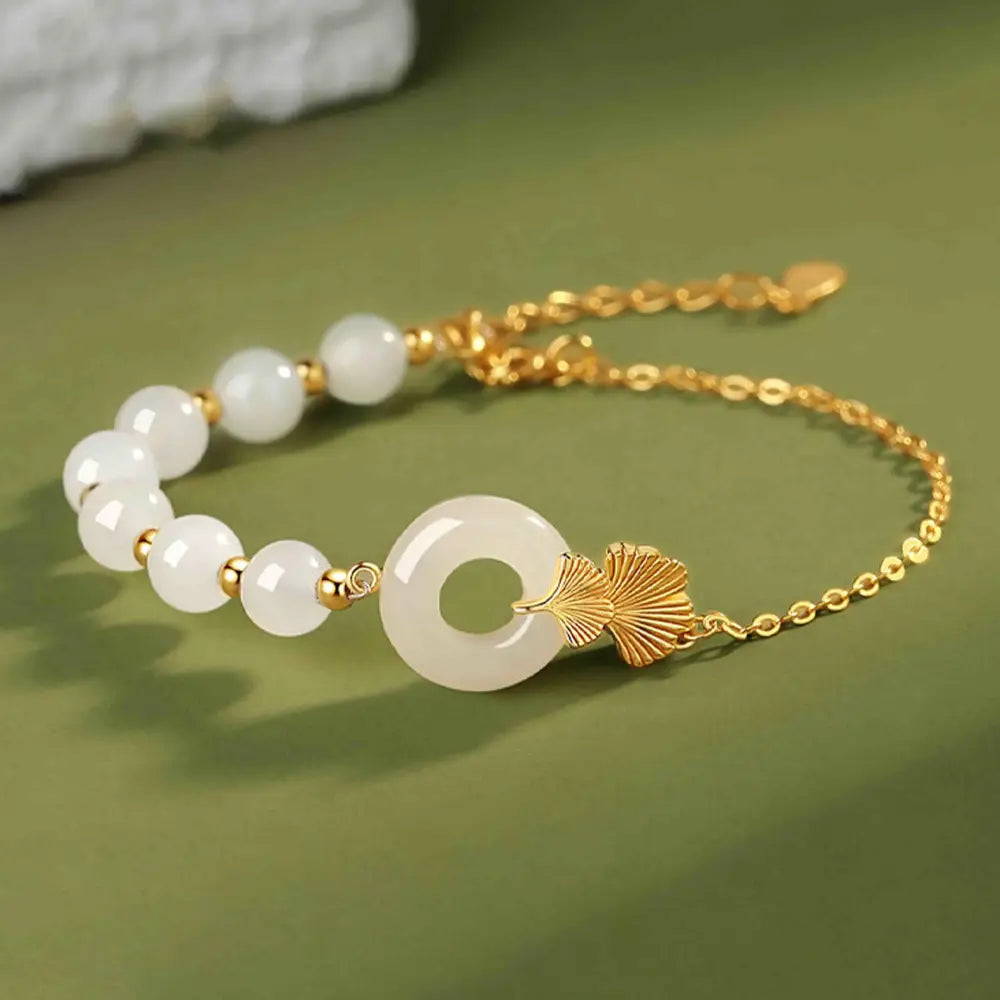 BWOOOH 925 Sterling Silver Hetian White Jade Peace Buckle Ginkgo Leaf Luck Bracelet - BWOOOH - Hetian White