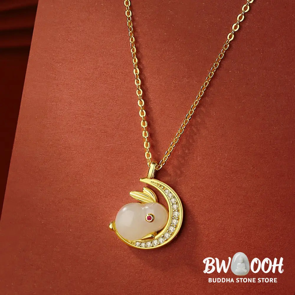 Buddha Stones 925 Sterling Silver Hetian White Jade Rabbit Crescent Moon Luck Necklace Pendant - BWOOOH - Hetian White