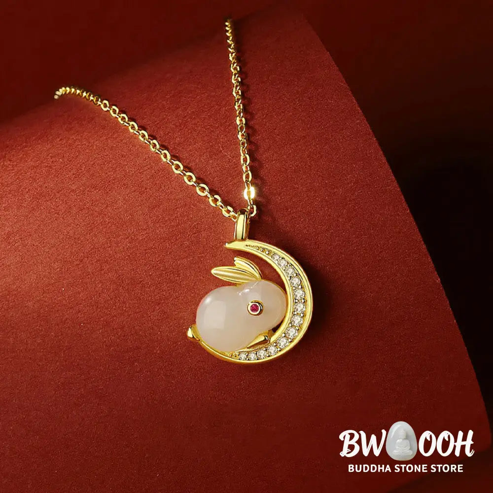 Buddha Stones 925 Sterling Silver Hetian White Jade Rabbit Crescent Moon Luck Necklace Pendant - BWOOOH - Hetian White