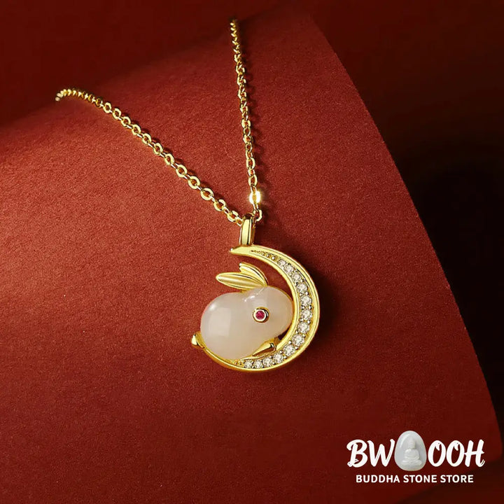 Buddha Stones 925 Sterling Silver Hetian White Jade Rabbit Crescent Moon Luck Necklace Pendant - BWOOOH - Hetian White