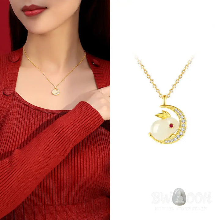 Buddha Stones 925 Sterling Silver Hetian White Jade Rabbit Crescent Moon Luck Necklace Pendant - BWOOOH - Hetian White