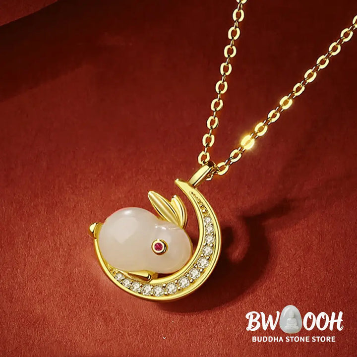 Buddha Stones 925 Sterling Silver Hetian White Jade Rabbit Crescent Moon Luck Necklace Pendant - BWOOOH - Hetian White