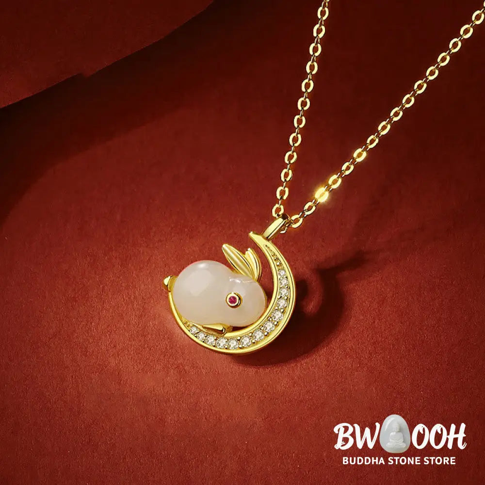 Buddha Stones 925 Sterling Silver Hetian White Jade Rabbit Crescent Moon Luck Necklace Pendant - BWOOOH - Hetian White