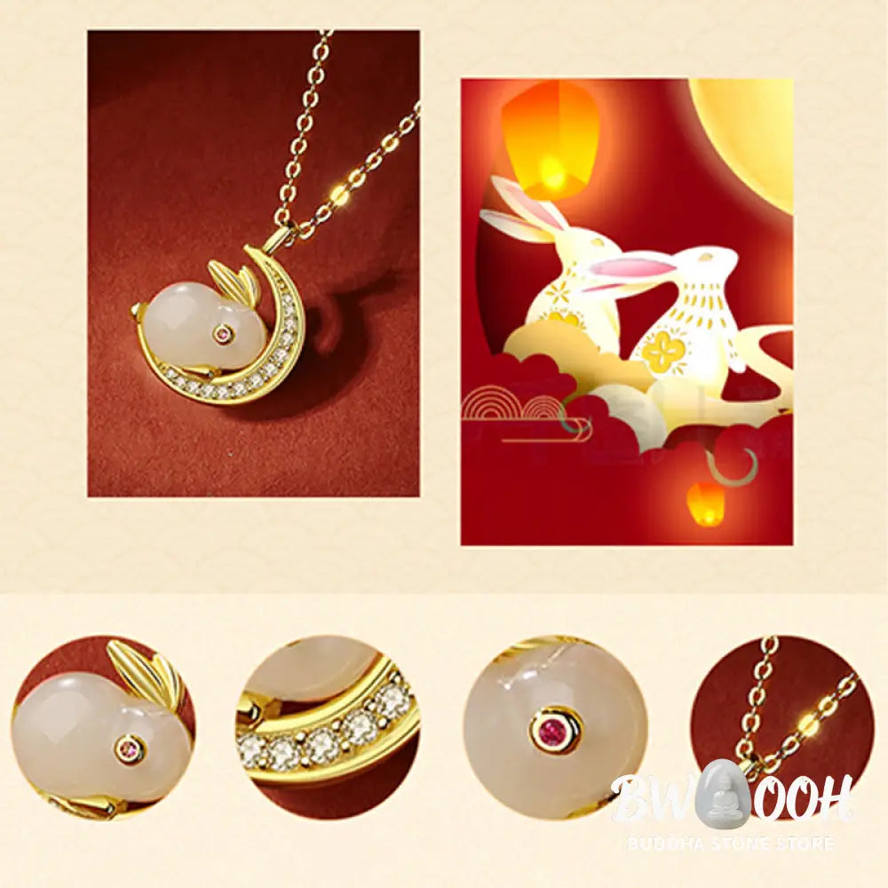 Buddha Stones 925 Sterling Silver Hetian White Jade Rabbit Crescent Moon Luck Necklace Pendant - BWOOOH - Hetian White