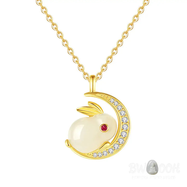 Buddha Stones 925 Sterling Silver Hetian White Jade Rabbit Crescent Moon Luck Necklace Pendant - BWOOOH - Hetian White