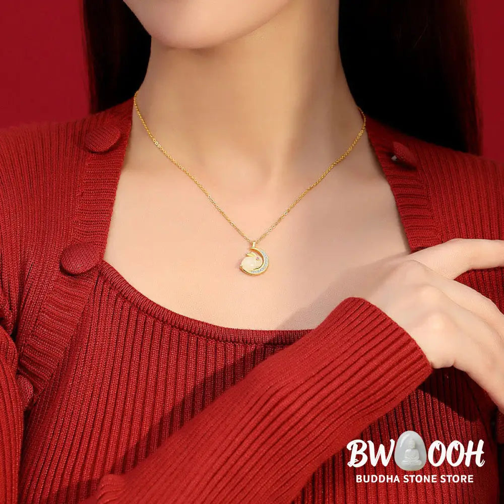 Buddha Stones 925 Sterling Silver Hetian White Jade Rabbit Crescent Moon Luck Necklace Pendant - BWOOOH - Hetian White