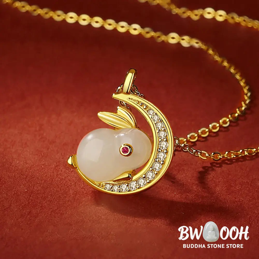 Buddha Stones 925 Sterling Silver Hetian White Jade Rabbit Crescent Moon Luck Necklace Pendant - BWOOOH - Hetian White