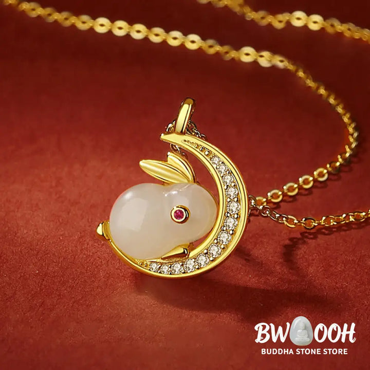 Buddha Stones 925 Sterling Silver Hetian White Jade Rabbit Crescent Moon Luck Necklace Pendant - BWOOOH - Hetian White