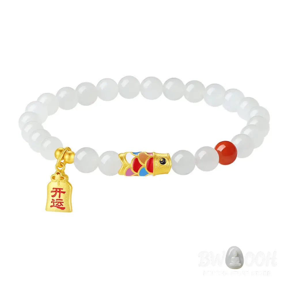 Buddha Stones 925 Sterling Silver Hetian White Jade Red Agate Koi Fish Luck Happiness Bracelet - BWOOOH - Hetian White