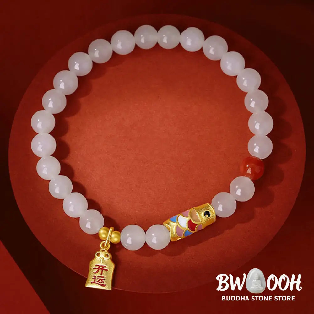 Buddha Stones 925 Sterling Silver Hetian White Jade Red Agate Koi Fish Luck Happiness Bracelet - BWOOOH - Hetian White