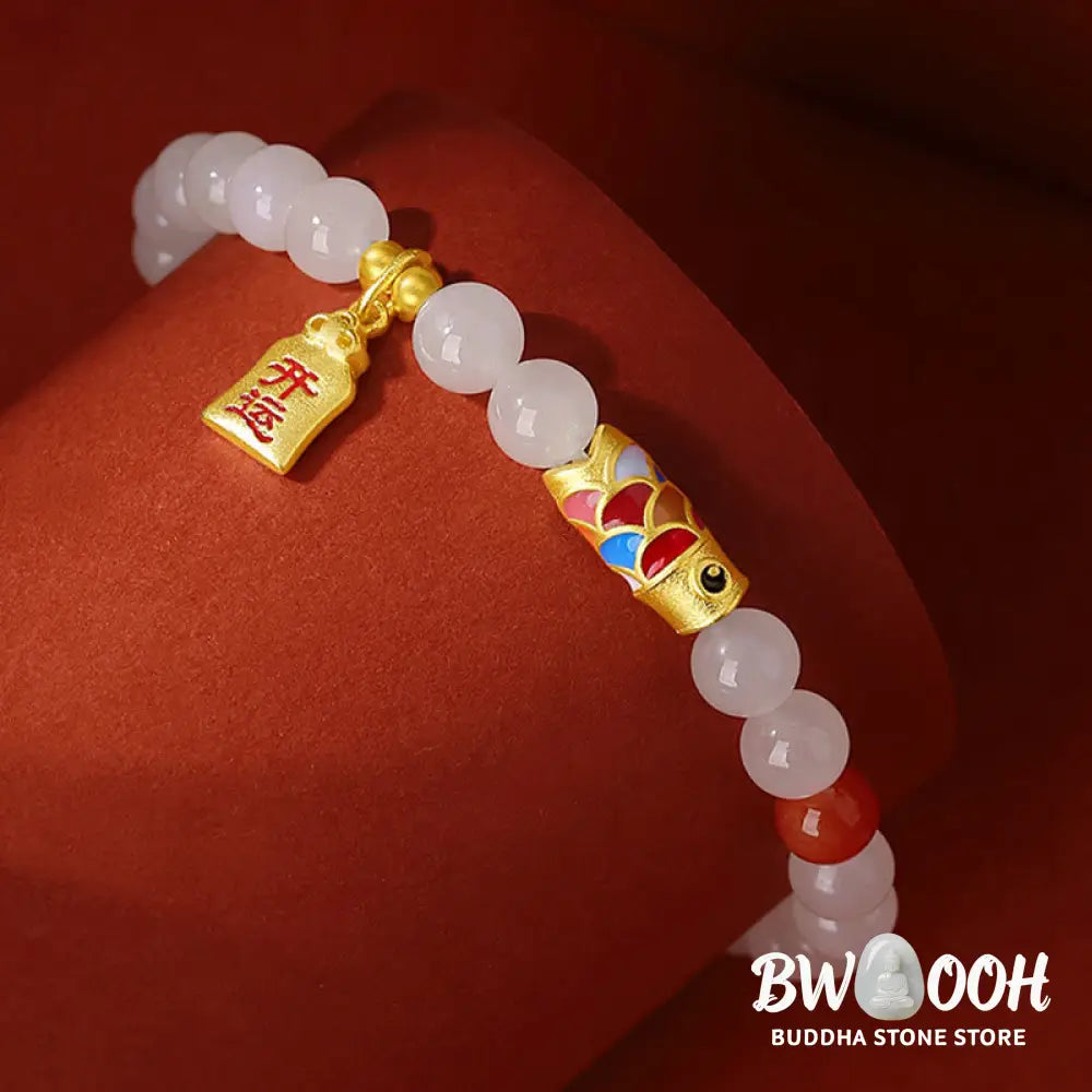Buddha Stones 925 Sterling Silver Hetian White Jade Red Agate Koi Fish Luck Happiness Bracelet - BWOOOH - Hetian White